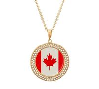 QMNBTES Retro Canada Flag Pattern Diamond Necklace for Women Alloy 19.7" Cable Chain 1.3" Round Pendant Necklaces Romantic Memorial Necklace for Couple Friendship Daily Wear Valentines Jewelry Gifts