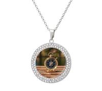 QMNBTES Sail Boat Nautical Compass Diamond Necklace for Women Alloy 19.7" Cable Chain 1.3" Round Pendant Necklaces Romantic Memorial Necklace for Couple Friendship Daily Wear Valentines Jewelry Gifts