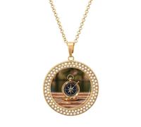 QMNBTES Sail Boat Nautical Compass Diamond Necklace for Women Alloy 19.7" Cable Chain 1.3" Round Pendant Necklaces Romantic Memorial Necklace for Couple Friendship Daily Wear Valentines Jewelry Gifts
