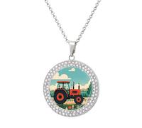 QMNBTES Tractor Farming Diamond Necklace for Women Alloy 19.7" Cable Chain 1.3" Round Pendant Necklaces Romantic Memorial Necklace for Couple Friendship Daily Wear Valentines Jewelry Gifts, One Size