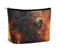 QMNBTES Wild Wolf in The Fire Travel Makeup Bag Large Toiletry Bag for Women Waterproof Cosmetic Bags for Purse Portable Makeup Organizer Bags Cute Zipper Pouch Cosmetic Pouch Funny Travel Makeupbag