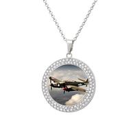 QMNBTES World War 2 Aircraft Diamond Necklace for Women Alloy 19.7" Cable Chain 1.3" Round Pendant Necklaces Romantic Memorial Necklace for Couple Friendship Daily Wear Valentines Jewelry Gifts, One
