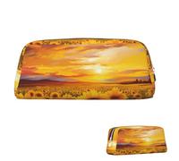 QMNEHJ Pencil Case Large Capacity Pencil Pouch PU Leather Pen Case Beautiful Sunflower Field Sunset Small Zipper Stationery Pouch Aesthetic Pen Bag Portable Makeup Pouch for Men Women