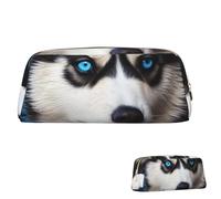 QMNEHJ Pencil Case Large Capacity Pencil Pouch PU Leather Pen Case Blue Eyed Husky Small Zipper Stationery Pouch Aesthetic Pen Bag Portable Makeup Pouch for Men Women