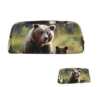 QMNEHJ Pencil Case Large Capacity Pencil Pouch PU Leather Pen Case Mother Brown Bears Protect Cubs Small Zipper Stationery Pouch Aesthetic Pen Bag Cute Pencil Box Portable Makeup Pouch for Men Women