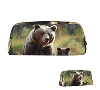 QMNEHJ Pencil Case Large Capacity Pencil Pouch PU Leather Pen Case Mother Brown Bears Protect Cubs Small Zipper Stationery Pouch Aesthetic Pen Bag Cute Pencil Box Portable Makeup Pouch for Men Women