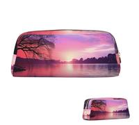 QMNEHJ Pencil Case Large Capacity Pencil Pouch PU Leather Pen Case Purple Sunset on Water Small Zipper Stationery Pouch Aesthetic Pen Bag Portable Makeup Pouch for Men Women