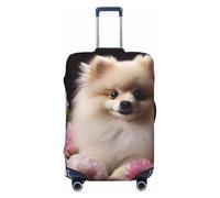 QMNEHJ Travel Luggage Cover Pomeranian and Flowers Suitcase Cover Protector Elastic Luggage Protector Anti-Scratch Travel Baggage Covers Waterproof Suitcase Sleeve Fits 18-32 Inch Suitcases, Black, M