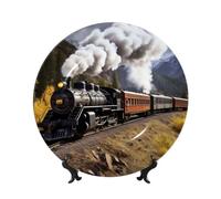 QMNKLET 6in Bone China Decorative Plate, Steam Locomotive Train Ceramic Dinner Plates with Display Stand, Ceramic Ornaments Art Porcelain Plate for Home Office Wall Decor Collections Plates
