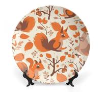 QMNLKH Autumn Squirrel Bone China Decorative Plate for Home Decor, Round Ceramic Decorative Dish with Stand Hook, Wall Hanging Ornament Plates for Office, Porcelain Plates 7inch