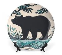 QMNLKH Bear Silhouette Bone China Decorative Plate for Home Decor, Round Ceramic Decorative Dish with Stand Hook, Wall Hanging Ornament Plates for Office, Porcelain Plates 6inch