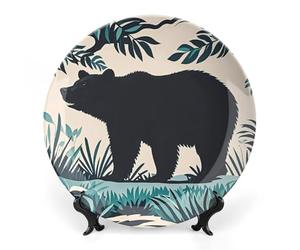 QMNLKH Bear Silhouette Bone China Decorative Plate for Home Decor, Round Ceramic Decorative Dish with Stand Hook, Wall Hanging Ornament Plates for Office, Porcelain Plates 6inch