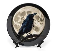 QMNLKH Black Crow on Full Moon Bone China Decorative Plate for Home Decor, Round Ceramic Decorative Dish with Stand Hook, Wall Hanging Ornament Plates for Office, Porcelain Plates 7inch