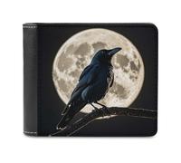 QMNLKH Black Crow on Full Moon Wallet for Men, Capacity Bifold Passcase with Card Slots for Travel, Slim Money Clip with Coin Purse, Leather RFID Blocking Wallets with ID Windows for Gift