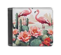QMNLKH Cactus Flamingo Rose Flowers Wallet for Men, Capacity Bifold Passcase with Card Slots for Travel, Slim Money Clip with Coin Purse, Leather RFID Blocking Wallets with ID Windows for Gift
