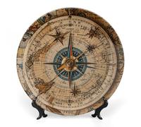 QMNLKH Compass And Old World Map Bone China Decorative Plate for Home Decor, Round Ceramic Decorative Dish with Stand Hook, Wall Hanging Ornament Plates for Office, Porcelain Plates 6inch