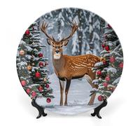 QMNLKH Cow Deer Trees Christmas Bone China Decorative Plate for Home Decor, Round Ceramic Decorative Dish with Stand Hook, Wall Hanging Ornament Plates for Office, Porcelain Plates 7inch