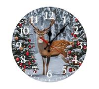 QMNLKH Cow Deer Trees Christmas Wall Clock for Home, Battery Operated Clock for Hotel, Round Wall Clock with Arabic Numerals White, Easy to Read, Non-Ticking Clocks for Living Room 30 * 30cm