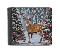 QMNLKH Cow Deer Trees Christmas Wallet for Men, Capacity Bifold Passcase with Card Slots for Travel, Slim Money Clip with Coin Purse, Leather RFID Blocking Wallets with ID Windows for Gift
