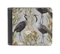 QMNLKH Crane Bird Wild Plants Wallet for Men, Capacity Bifold Passcase with Card Slots for Travel, Slim Money Clip with Coin Purse, Leather RFID Blocking Wallets with ID Windows for Gift