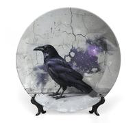 QMNLKH Crow on The Ground Bone China Decorative Plate for Home Decor, Round Ceramic Decorative Dish with Stand Hook, Wall Hanging Ornament Plates for Office, Porcelain Plates 7inch