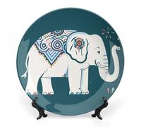 QMNLKH Elephant Pattern Bone China Decorative Plate for Home Decor, Round Ceramic Decorative Dish with Stand Hook, Wall Hanging Ornament Plates for Office, Porcelain Plates 8inch