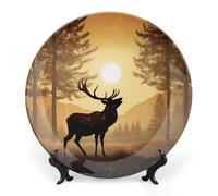 QMNLKH Elk Artwork Bone China Decorative Plate for Home Decor, Round Ceramic Decorative Dish with Stand Hook, Wall Hanging Ornament Plates for Office, Porcelain Plates 10inch