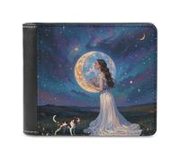 QMNLKH Friendship Under The Giant Moon Wallet for Men, Capacity Bifold Passcase with Card Slots for Travel, Slim Money Clip with Coin Purse, Leather RFID Blocking Wallets with ID Windows for Gift