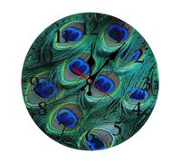 QMNLKH Green Peacock Feather Wall Clock for Home, Battery Operated Clock for Hotel, Round Wall Clock with Arabic Numerals Black, Easy to Read, Non-Ticking Clocks for Living Room 30 * 30cm