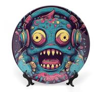 QMNLKH Love Music Monster Bone China Decorative Plate for Home Decor, Round Ceramic Decorative Dish with Stand Hook, Wall Hanging Ornament Plates for Office, Porcelain Plates 8inch