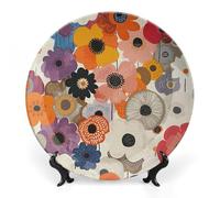 QMNLKH Oval Flower Pattern Bone China Decorative Plate for Home Decor, Round Ceramic Decorative Dish with Stand Hook, Wall Hanging Ornament Plates for Office, Porcelain Plates 10inch