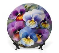 QMNLKH Pansy Perfection Bone China Decorative Plate for Home Decor, Round Ceramic Decorative Dish with Stand Hook, Wall Hanging Ornament Plates for Office, Porcelain Plates 6inch