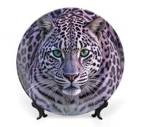 QMNLKH Purple Leopard Bone China Decorative Plate for Home Decor, Round Ceramic Decorative Dish with Stand Hook, Wall Hanging Ornament Plates for Office, Porcelain Plates 7inch