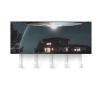 QMNLKH Spacecraft at Night Wall Mounted Key Rack for Home, No Drilling Key Holder with 5 Hooks, Self Adhesive Keys Chain Organizer for Hallway, Keys Hanger Shelf for Office, Doorway White