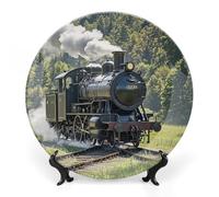 QMNLKH Steam Train Bone China Decorative Plate for Home Decor, Round Ceramic Decorative Dish with Stand Hook, Wall Hanging Ornament Plates for Office, Porcelain Plates 7inch