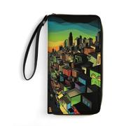 QMNLKH Stylish And Durable Skull Red Printed Leather Wallet: A Must-have Storage Bag for The Holidays, Suitable for Storing ID Cards, Various Cards And Change, Cartoon Cities and Buildings