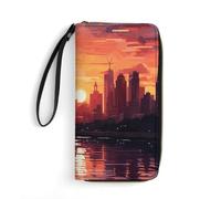 QMNLKH Stylish And Durable White Cat by The Window Printed Leather Wallet: A Must-have Storage Bag for The Holidays, Suitable for Storing ID Cards, Various Cards And Change, Cityscape at Sunset