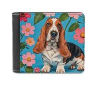 QMNLKH Sweet Basset Hound Florals Wallet for Men, Capacity Bifold Passcase with Card Slots for Travel, Slim Money Clip with Coin Purse, Leather RFID Blocking Wallets with ID Windows for Gift