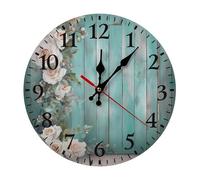 QMNLKH Teal Barn Door Floral Wall Clock for Home, Battery Operated Clock for Hotel, Round Wall Clock with Arabic Numerals Black, Easy to Read, Non-Ticking Clocks for Living Room 30 * 30cm