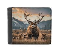 QMNLKH Wildlife Hunting Deer Bear Elk Wallet for Men, Capacity Bifold Passcase with Card Slots for Travel, Slim Money Clip with Coin Purse, Leather RFID Blocking Wallets with ID Windows for Gift