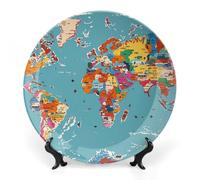 QMNLKH World Map Pattern Bone China Decorative Plate for Home Decor, Round Ceramic Decorative Dish with Stand Hook, Wall Hanging Ornament Plates for Office, Porcelain Plates 10inch