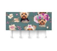 QMNLKH Yorkie Floral Pattern Wall Mounted Key Rack for Home, No Drilling Key Holder with 5 Hooks, Self Adhesive Keys Chain Organizer for Hallway, Keys Hanger Shelf for Office, Doorway White