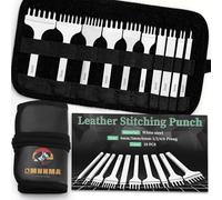 QMNNMA 10Pcs Leather Stitching Punch, Leather Hole Punch Set Diamond Stitching Chisel Set, Multiple Sizes White Steel 1/2/4/6 Prong Leather Chisel with Storage Bag for Leather Craft