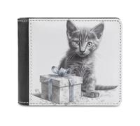 QMNRTK Cat Next to Gift Box Leather Wallet Bifold Wallet for Men Women Rfid Blocking Bifold, Extra Capacity Ultra Strong Stitching Slim Billfold with 8 Card Slots, style, One Size