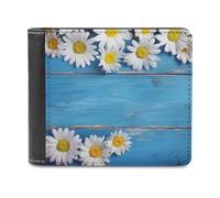 QMNRTK Daisy Flowers Blue Wooden Leather Wallet Bifold Wallet for Men Women Rfid Blocking Bifold, Extra Capacity Ultra Strong Stitching Slim Billfold with 8 Card Slots, style, One size, Style, One