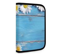 QMNRTK Daisy Flowers Blue Wooden Multifunctional Compact Wallet Id Stronghold Waltlet Credit Card Holder Wallet Zipper Leather Case Purse Rfid Blocking Bifold Wallet for Men Women, style, One size
