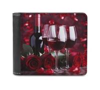 QMNRTK Roses And Glasses of Red Wine Leather Wallet Bifold Wallet for Men Women Rfid Blocking Bifold, Extra Capacity Ultra Strong Stitching Slim Billfold with 8 Card Slots, style, One Size