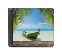 QMNRTK Seaside Boat Coconut Leaves Leather Wallet Bifold Wallet for Men Women Rfid Blocking Bifold, Extra Capacity Ultra Strong Stitching Slim Billfold with 8 Card Slots, style, One Size