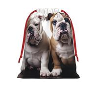 QMNSEHF Christmas Gift Bags Drawstring Santa Bag Soft Plush Goodie Bags with Gift Tags Xmas Treat Bag Two Cute Bulldog Dogs Wrapping Sacks for Christmas Presents Party Favor Wrap Storage Pouch Small