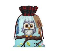 QMNSEHF Christmas Gift Bags Drawstring Santa Bag Xmas Buffalo Burlap Goodie Bags with Gift Tags Treat Bag Owls on a branch Wrapping Sacks for Christmas Presents Party Favor Wrap Storage Pouch Medium